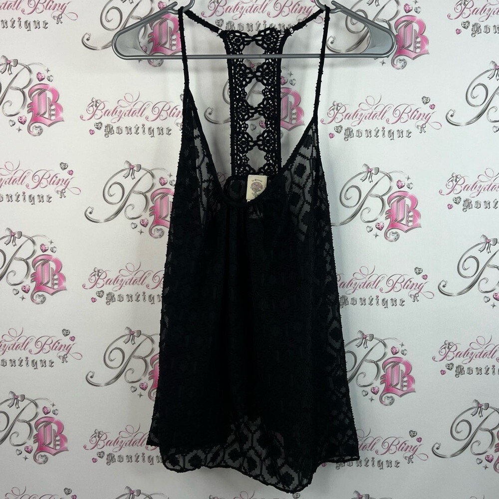 In Bloom tank top Lacie crochet geometric pattern racer back Black Lace Top